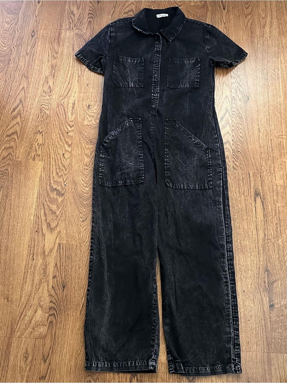 LACAUSA Black washed short sleeve front pockets XS cotton wide leg jumpsuit - Picture 3 of 11